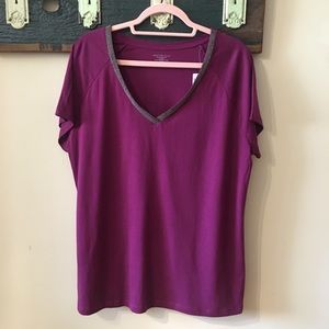 Addition Elle Purple Short Sleeve V-Neck Tee with Metallic Trim